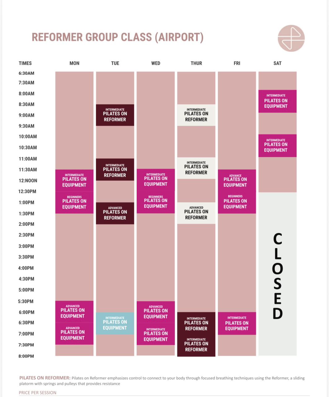 Scheduled calendar for Mat and Yoga classes